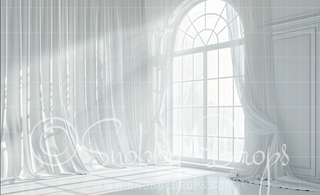 White Room with Window Curtains Fabric Backdrop-Fabric Photography Backdrop-Snobby Drops Fabric Backdrops for Photography, Exclusive Designs by Tara Mapes Photography, Enchanted Eye Creations by Tara Mapes, photography backgrounds, photography backdrops, fast shipping, US backdrops, cheap photography backdrops