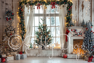 White Rustic Christmas Room Fabric Backdrop-Fabric Photography Backdrop-Snobby Drops Fabric Backdrops for Photography, Exclusive Designs by Tara Mapes Photography, Enchanted Eye Creations by Tara Mapes, photography backgrounds, photography backdrops, fast shipping, US backdrops, cheap photography backdrops