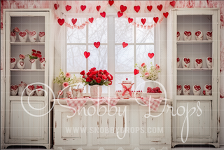 White Valentine Kitchen Fabric Backdrop-Fabric Photography Backdrop-Snobby Drops Fabric Backdrops for Photography, Exclusive Designs by Tara Mapes Photography, Enchanted Eye Creations by Tara Mapes, photography backgrounds, photography backdrops, fast shipping, US backdrops, cheap photography backdrops