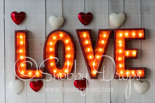 White Wood Marquee Lights "LOVE" Valentine Fabric Backdrop-Fabric Photography Backdrop-Snobby Drops Fabric Backdrops for Photography, Exclusive Designs by Tara Mapes Photography, Enchanted Eye Creations by Tara Mapes, photography backgrounds, photography backdrops, fast shipping, US backdrops, cheap photography backdrops