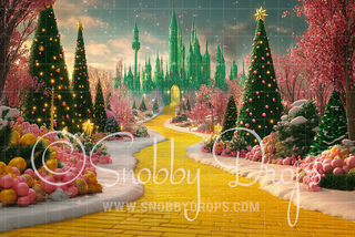 Wicked Winter Christmas Yellow Brick Road to Oz Photography Backdrop-Fabric Photography Backdrop-Snobby Drops Fabric Backdrops for Photography, Exclusive Designs by Tara Mapes Photography, Enchanted Eye Creations by Tara Mapes, photography backgrounds, photography backdrops, fast shipping, US backdrops, cheap photography backdrops