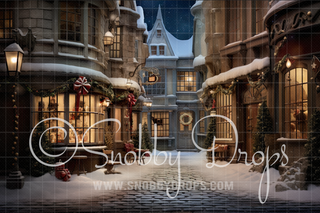 Winter Christmas Town Fabric Backdrop-Fabric Photography Backdrop-Snobby Drops Fabric Backdrops for Photography, Exclusive Designs by Tara Mapes Photography, Enchanted Eye Creations by Tara Mapes, photography backgrounds, photography backdrops, fast shipping, US backdrops, cheap photography backdrops