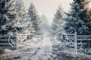 Winter Gate with Pines Fabric Backdrop-Fabric Photography Backdrop-Snobby Drops Fabric Backdrops for Photography, Exclusive Designs by Tara Mapes Photography, Enchanted Eye Creations by Tara Mapes, photography backgrounds, photography backdrops, fast shipping, US backdrops, cheap photography backdrops