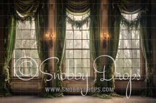 Winter Green Garland Christmas Window Fabric Backdrop-Fabric Photography Backdrop-Snobby Drops Fabric Backdrops for Photography, Exclusive Designs by Tara Mapes Photography, Enchanted Eye Creations by Tara Mapes, photography backgrounds, photography backdrops, fast shipping, US backdrops, cheap photography backdrops