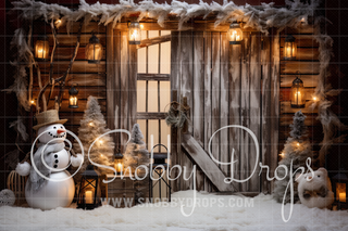 Winter Snowman Cabin Landscape Fabric Backdrop-Fabric Photography Backdrop-Snobby Drops Fabric Backdrops for Photography, Exclusive Designs by Tara Mapes Photography, Enchanted Eye Creations by Tara Mapes, photography backgrounds, photography backdrops, fast shipping, US backdrops, cheap photography backdrops