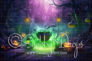 Witch Cauldron in Woods Halloween Fabric Backdrop-Fabric Photography Backdrop-Snobby Drops Fabric Backdrops for Photography, Exclusive Designs by Tara Mapes Photography, Enchanted Eye Creations by Tara Mapes, photography backgrounds, photography backdrops, fast shipping, US backdrops, cheap photography backdrops