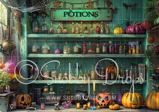 Witch Potion Room Halloween Fabric Backdrop-Fabric Photography Backdrop-Snobby Drops Fabric Backdrops for Photography, Exclusive Designs by Tara Mapes Photography, Enchanted Eye Creations by Tara Mapes, photography backgrounds, photography backdrops, fast shipping, US backdrops, cheap photography backdrops