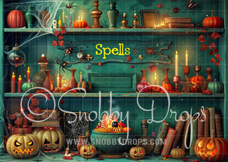 Witch Potion Shelves Halloween Fabric Backdrop-Fabric Photography Backdrop-Snobby Drops Fabric Backdrops for Photography, Exclusive Designs by Tara Mapes Photography, Enchanted Eye Creations by Tara Mapes, photography backgrounds, photography backdrops, fast shipping, US backdrops, cheap photography backdrops