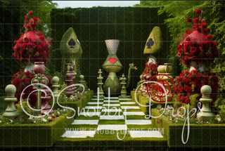 Wonderland Chess Garden Path Fabric Backdrop-Fabric Photography Backdrop-Snobby Drops Fabric Backdrops for Photography, Exclusive Designs by Tara Mapes Photography, Enchanted Eye Creations by Tara Mapes, photography backgrounds, photography backdrops, fast shipping, US backdrops, cheap photography backdrops