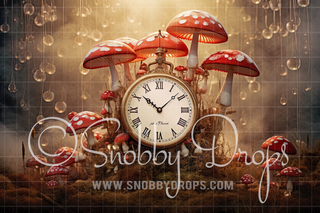 Wonderland Forest Mushroom Clock Fabric Backdrop-Fabric Photography Backdrop-Snobby Drops Fabric Backdrops for Photography, Exclusive Designs by Tara Mapes Photography, Enchanted Eye Creations by Tara Mapes, photography backgrounds, photography backdrops, fast shipping, US backdrops, cheap photography backdrops