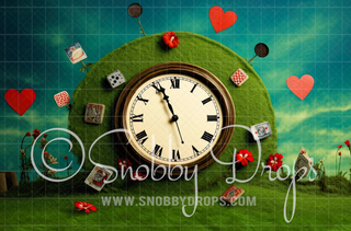 Wonderland Garden Clock Fabric Backdrop-Fabric Photography Backdrop-Snobby Drops Fabric Backdrops for Photography, Exclusive Designs by Tara Mapes Photography, Enchanted Eye Creations by Tara Mapes, photography backgrounds, photography backdrops, fast shipping, US backdrops, cheap photography backdrops