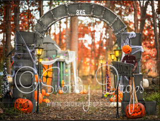 Wooded Dark Christmas Town Arch Halloween Fabric Backdrop-Fabric Photography Backdrop-Snobby Drops Fabric Backdrops for Photography, Exclusive Designs by Tara Mapes Photography, Enchanted Eye Creations by Tara Mapes, photography backgrounds, photography backdrops, fast shipping, US backdrops, cheap photography backdrops