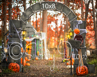 Wooded Dark Christmas Town Arch Halloween Fabric Backdrop-Fabric Photography Backdrop-Snobby Drops Fabric Backdrops for Photography, Exclusive Designs by Tara Mapes Photography, Enchanted Eye Creations by Tara Mapes, photography backgrounds, photography backdrops, fast shipping, US backdrops, cheap photography backdrops