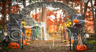 Wooded Dark Christmas Town Arch Halloween Fabric Backdrop-Fabric Photography Backdrop-Snobby Drops Fabric Backdrops for Photography, Exclusive Designs by Tara Mapes Photography, Enchanted Eye Creations by Tara Mapes, photography backgrounds, photography backdrops, fast shipping, US backdrops, cheap photography backdrops