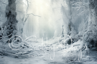 Woods White Winter Forest of Pine Trees in Snow Fabric Backdrop-Fabric Photography Backdrop-Snobby Drops Fabric Backdrops for Photography, Exclusive Designs by Tara Mapes Photography, Enchanted Eye Creations by Tara Mapes, photography backgrounds, photography backdrops, fast shipping, US backdrops, cheap photography backdrops