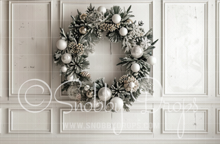 Wreath on White Wall Fabric Backdrop-Fabric Photography Backdrop-Snobby Drops Fabric Backdrops for Photography, Exclusive Designs by Tara Mapes Photography, Enchanted Eye Creations by Tara Mapes, photography backgrounds, photography backdrops, fast shipping, US backdrops, cheap photography backdrops