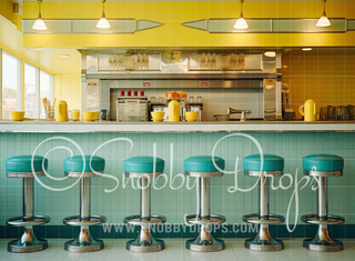 Yellow and Teal 50s Diner Fabric Backdrop-Fabric Photography Backdrop-Snobby Drops Fabric Backdrops for Photography, Exclusive Designs by Tara Mapes Photography, Enchanted Eye Creations by Tara Mapes, photography backgrounds, photography backdrops, fast shipping, US backdrops, cheap photography backdrops