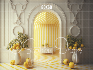 Yellow and White Room with Lemons Fabric Backdrop-Fabric Photography Backdrop-Snobby Drops Fabric Backdrops for Photography, Exclusive Designs by Tara Mapes Photography, Enchanted Eye Creations by Tara Mapes, photography backgrounds, photography backdrops, fast shipping, US backdrops, cheap photography backdrops