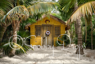 Yellow Beach Shack Fabric Backdrop-Fabric Photography Backdrop-Snobby Drops Fabric Backdrops for Photography, Exclusive Designs by Tara Mapes Photography, Enchanted Eye Creations by Tara Mapes, photography backgrounds, photography backdrops, fast shipping, US backdrops, cheap photography backdrops