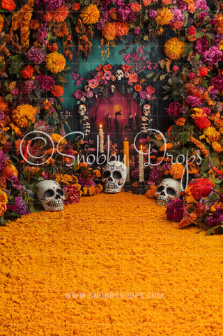 Yellow Florals Dia de los Muertos Fabric Backdrop Sweep-Fabric Photography Sweep-Snobby Drops Fabric Backdrops for Photography, Exclusive Designs by Tara Mapes Photography, Enchanted Eye Creations by Tara Mapes, photography backgrounds, photography backdrops, fast shipping, US backdrops, cheap photography backdrops