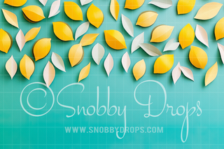 Yellow Paper Lemon Leaves on Teal Fabric Backdrop-Fabric Photography Backdrop-Snobby Drops Fabric Backdrops for Photography, Exclusive Designs by Tara Mapes Photography, Enchanted Eye Creations by Tara Mapes, photography backgrounds, photography backdrops, fast shipping, US backdrops, cheap photography backdrops