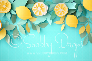 Yellow Paper Lemons Teal Fabric Backdrop-Fabric Photography Backdrop-Snobby Drops Fabric Backdrops for Photography, Exclusive Designs by Tara Mapes Photography, Enchanted Eye Creations by Tara Mapes, photography backgrounds, photography backdrops, fast shipping, US backdrops, cheap photography backdrops